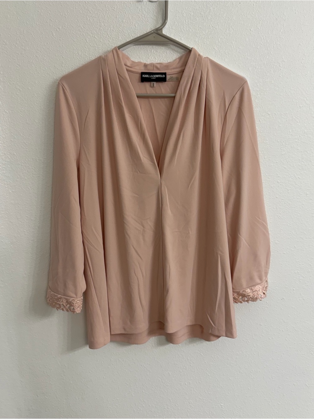 Karl Lagerfeld Blush Pink V-Neck Lace Cuff Blouse